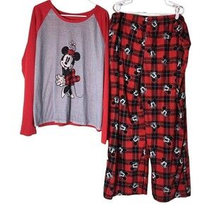 Disney Minnie Mickey Mouse 3XL Pajamas Red Black Shirt & Cozy Fleece Pants NEW